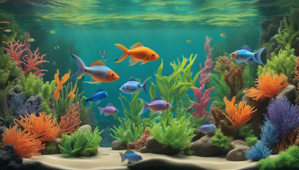 Tiny aquarium fish swimming in a tank